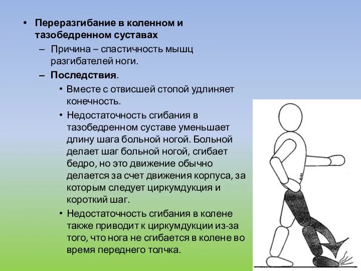 Переразгибание в коленном и тазобедренном суставах Причина – спастичность мышц разгибателей