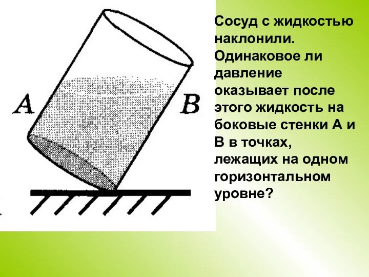 Сосуд с жидкостью наклонили. Одинаковое ли давление оказывает после этого жидкость