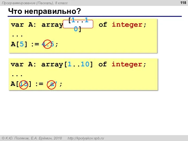 Что неправильно? var A: array[10..1] of integer; ... A[5] := 4.5;