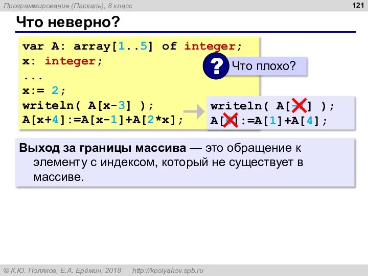 Что неверно? var A: array[1..5] of integer; x: integer; ... x:=