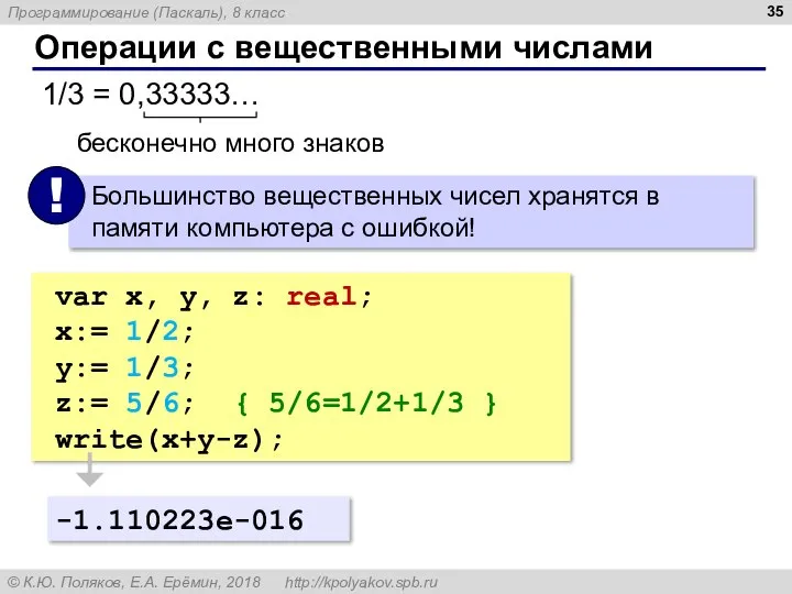 Операции с вещественными числами 1/3 = 0,33333… бесконечно много знаков var