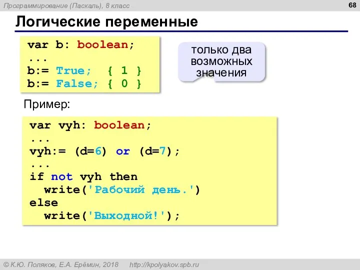 Логические переменные var b: boolean; ... b:= True; { 1 }