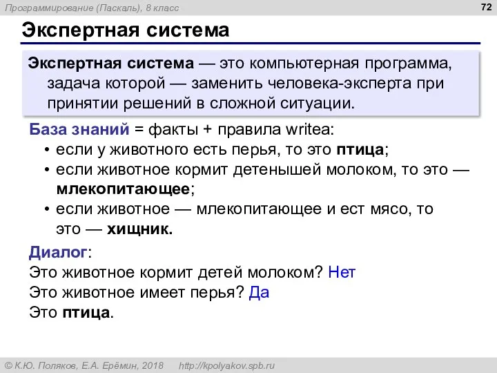 Экспертная система Экспертная система — это компьютерная программа, задача которой —