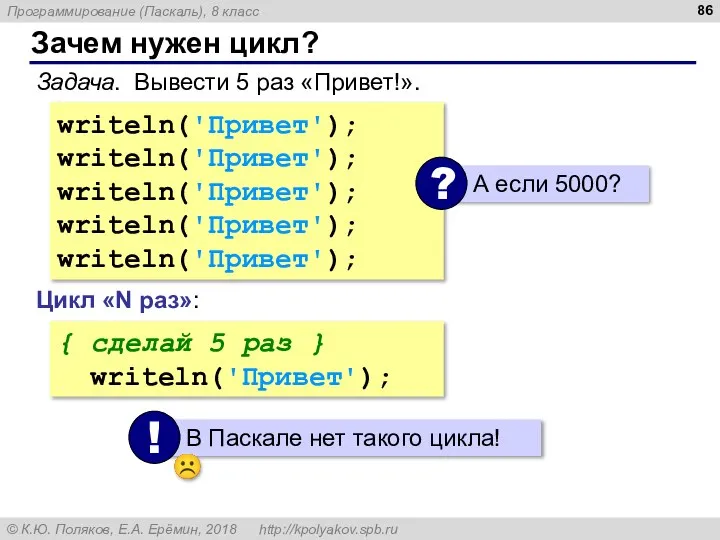 Зачем нужен цикл? Задача. Вывести 5 раз «Привет!». writeln('Привет'); writeln('Привет'); writeln('Привет');