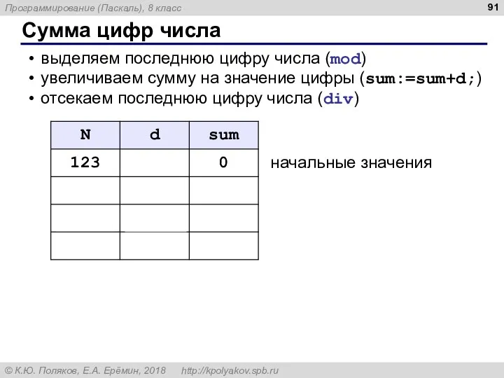 Сумма цифр числа выделяем последнюю цифру числа (mod) увеличиваем сумму на