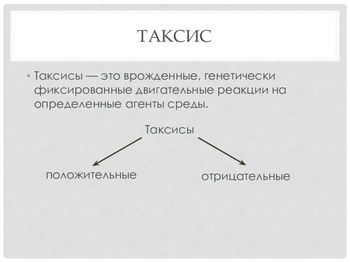 ТАКСИС Таксисы — это врожденные, генетически фиксированные двигательные реакции на определенные агенты среды.