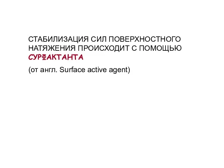 СТАБИЛИЗАЦИЯ СИЛ ПОВЕРХНОСТНОГО НАТЯЖЕНИЯ ПРОИСХОДИТ С ПОМОЩЬЮ СУРФАКТАНТА (от англ. Surface active agent)