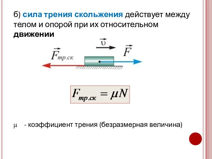 б) сила трения скольжения действует между телом и опорой при их