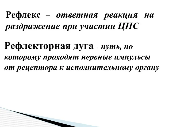 Рефлекс – ответная реакция на раздражение при участии ЦНС Рефлекторная дуга