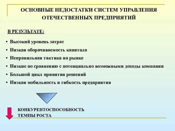 ОСНОВНЫЕ НЕДОСТАТКИ СИСТЕМ УПРАВЛЕНИЯ ОТЕЧЕСТВЕННЫХ ПРЕДПРИЯТИЙ В РЕЗУЛЬТАТЕ: Высокий уровень затрат