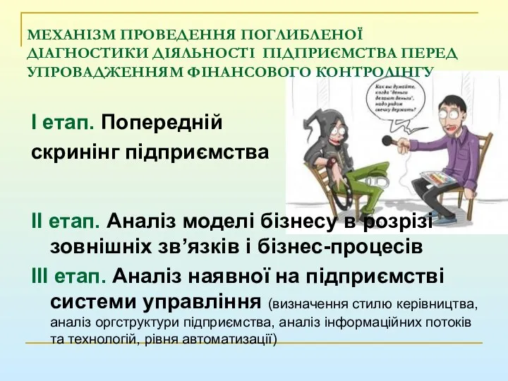 МЕХАНІЗМ ПРОВЕДЕННЯ ПОГЛИБЛЕНОЇ ДІАГНОСТИКИ ДІЯЛЬНОСТІ ПІДПРИЄМСТВА ПЕРЕД УПРОВАДЖЕННЯМ ФІНАНСОВОГО КОНТРОЛІНГУ І