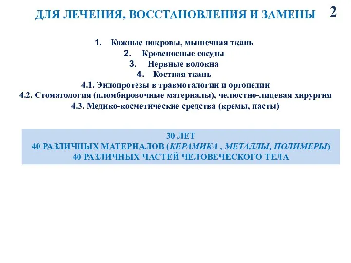 ДЛЯ ЛЕЧЕНИЯ, ВОССТАНОВЛЕНИЯ И ЗАМЕНЫ Кожные покровы, мышечная ткань Кровеносные сосуды