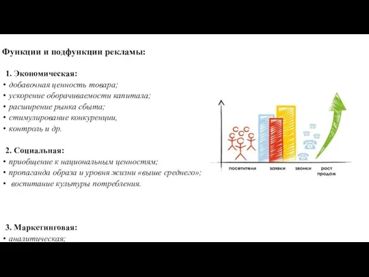 Функции и подфункции рекламы: 1. Экономическая: добавочная ценность товара; ускорение оборачиваемости