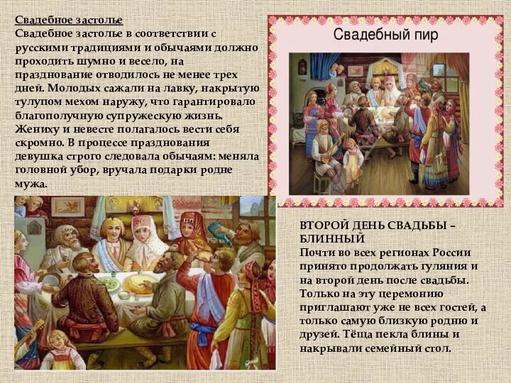 Свадебное застолье Свадебное застолье в соответствии с русскими традициями и обычаями