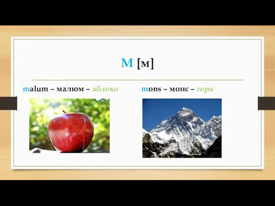 М [м] malum – малюм – яблоко mons – монс – гора