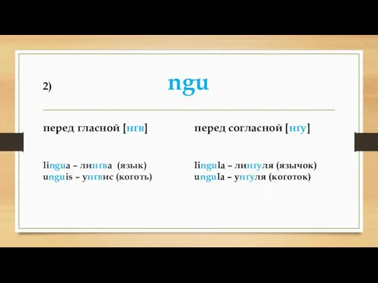 2) ngu перед гласной [нґв] lingua – линґва (язык) unguis –