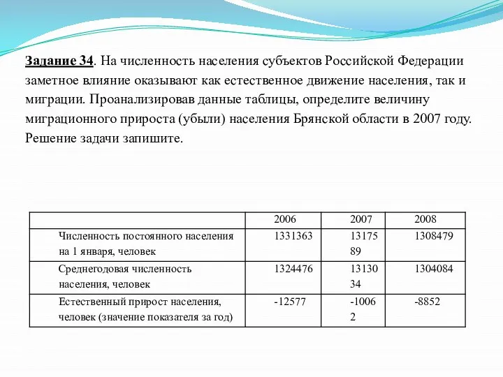 Задание 34. На численность населения субъектов Российской Федерации заметное влияние оказывают