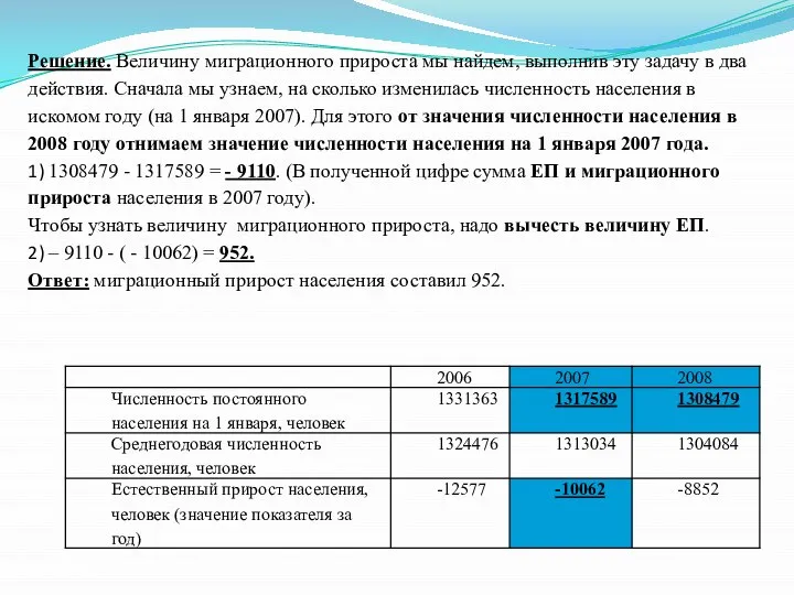 Решение. Величину миграционного прироста мы найдем, выполнив эту задачу в два