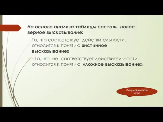 На основе анализа таблицы составь новое верное высказывание: То, что соответствует