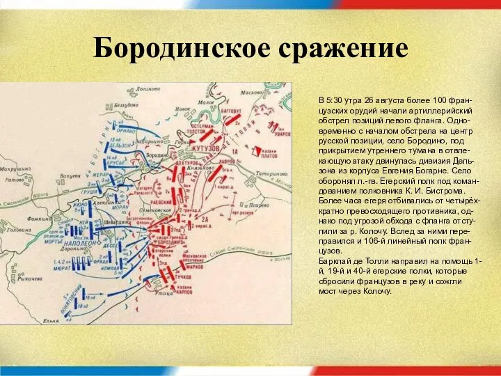 Бородинское сражение В 5:30 утра 26 августа более 100 фран-цузских орудий