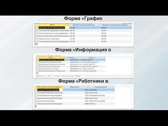 Форма «График работы» Форма «Информация о поставщиках» Форма «Работники в базе»