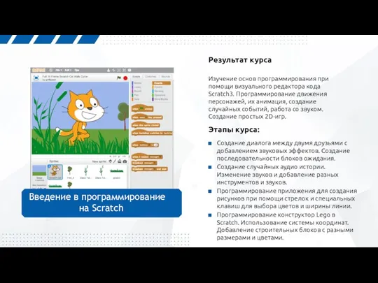 Результат курса Изучение основ программирования при помощи визуального редактора кода Scratch3.