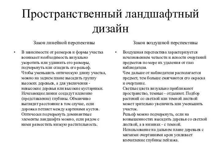 Пространственный ландшафтный дизайн Закон линейной перспективы В зависимости от размеров и