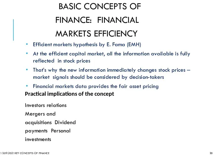 BASIC CONCEPTS OF FINANCE: FINANCIAL MARKETS EFFICIENCY Efficient markets hypothesis by