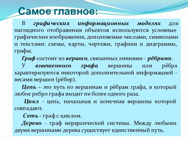 Самое главное: В графических информационных моделях для наглядного отображения объектов используются