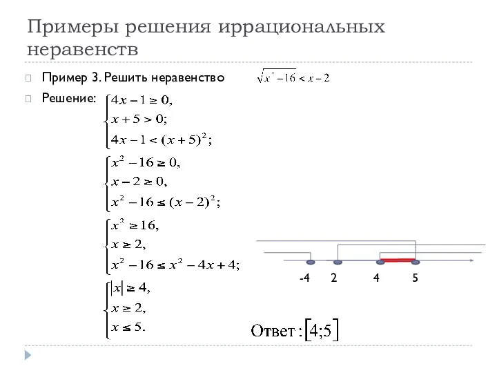 Примеры решения иррациональных неравенств Пример 3. Решить неравенство Решение: