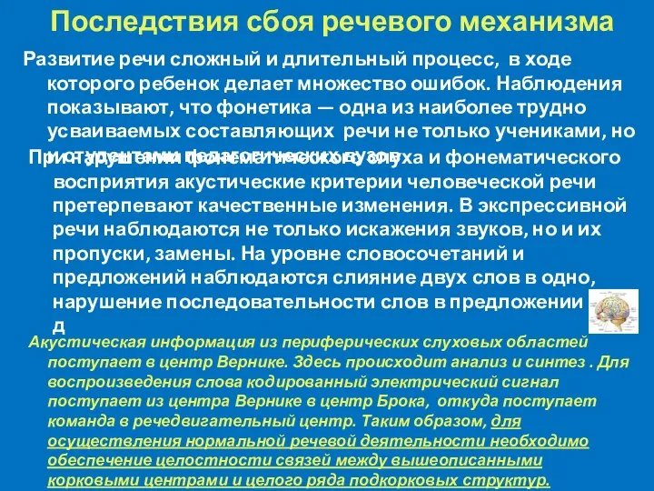 Последствия сбоя речевого механизма Развитие речи сложный и длительный процесс, в