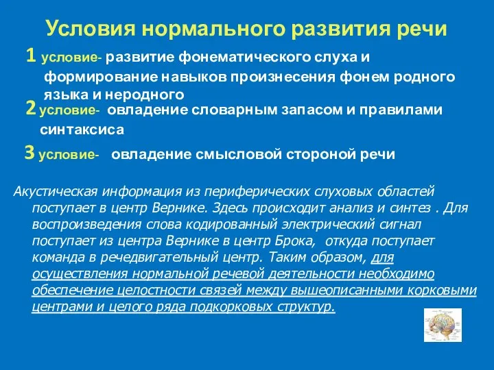 Условия нормального развития речи 1 условие- развитие фонематического слуха и формирование