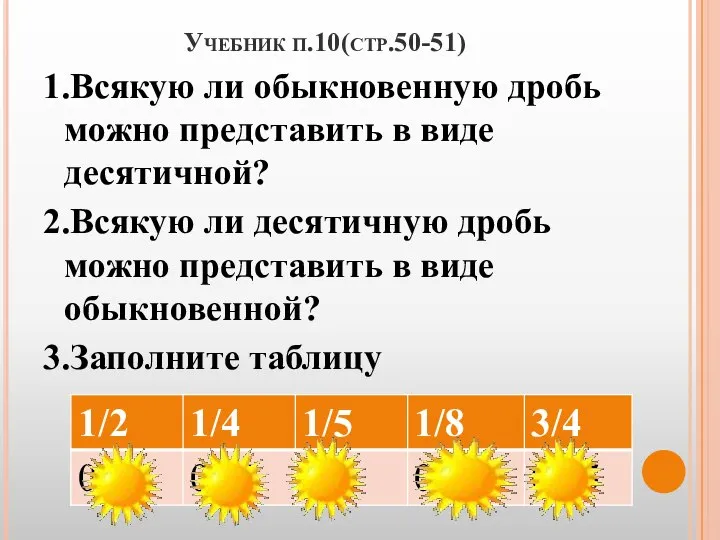 Учебник п.10(стр.50-51) 1.Всякую ли обыкновенную дробь можно представить в виде десятичной?