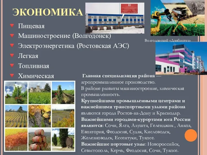 ЭКОНОМИКА ? Пищевая ? Машиностроение (Волгодонск) ? Электроэнергетика (Ростовская АЭС) ?