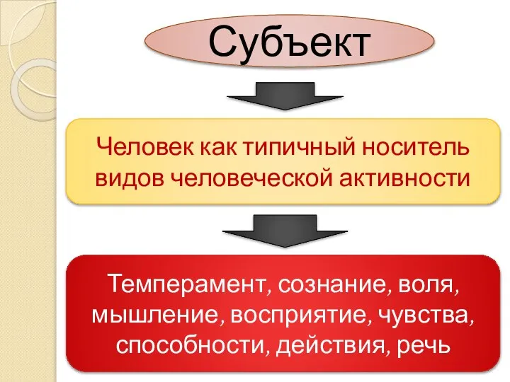 Субъект Человек как типичный носитель видов человеческой активности Темперамент, сознание, воля,