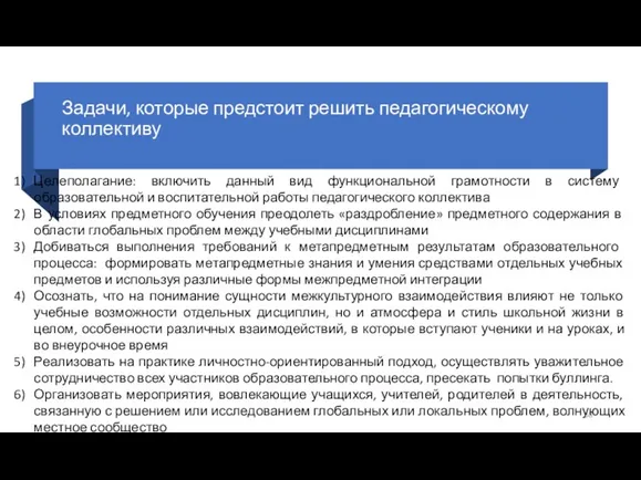 Задачи, которые предстоит решить педагогическому коллективу Целеполагание: включить данный вид функциональной