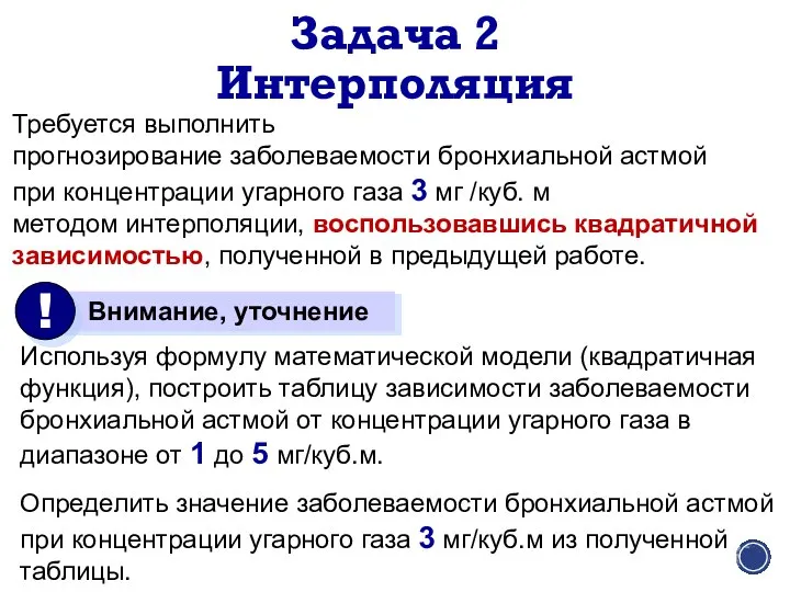 Интерполяция Требуется выполнить прогнозирование заболеваемости бронхиальной астмой при концентрации угарного газа