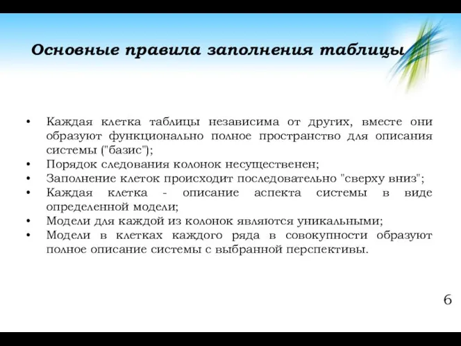 Основные правила заполнения таблицы 6 Каждая клетка таблицы независима от других,