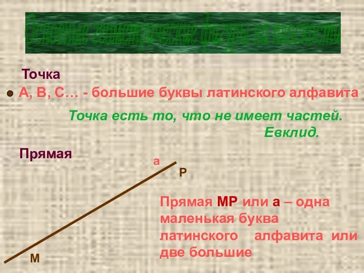 Основные геометрические фигуры на плоскости Точка А, В, С… - большие