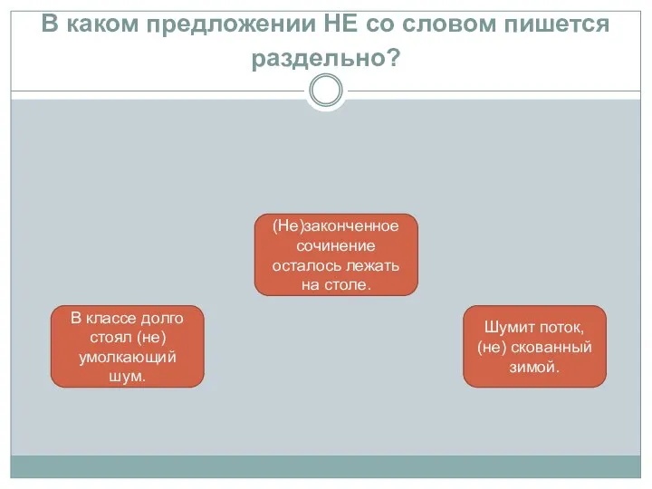 В каком предложении НЕ со словом пишется раздельно? Шумит поток, (не)