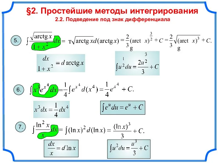 §2. Простейшие методы интегрирования 2.2. Подведение под знак дифференциала 5. 6. 7.