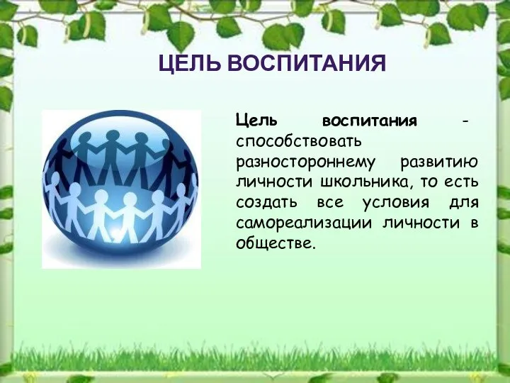 ЦЕЛЬ ВОСПИТАНИЯ Цель воспитания - способствовать разностороннему развитию личности школьника, то