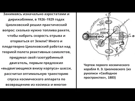 Занимаясь изначально аэростатами и дирижаблями, в 1926–1929 годах Циолковский решил практический