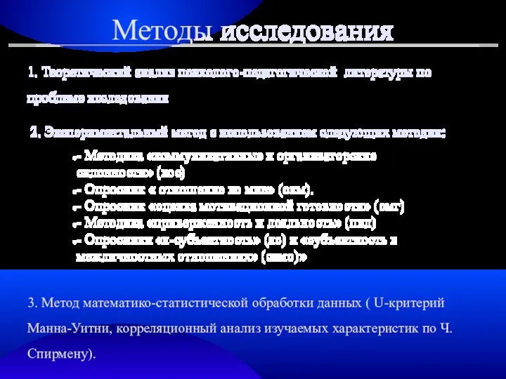 Методы исследования 1. Теоретический анализ психолого-педагогической литературы по проблеме исследования 2.