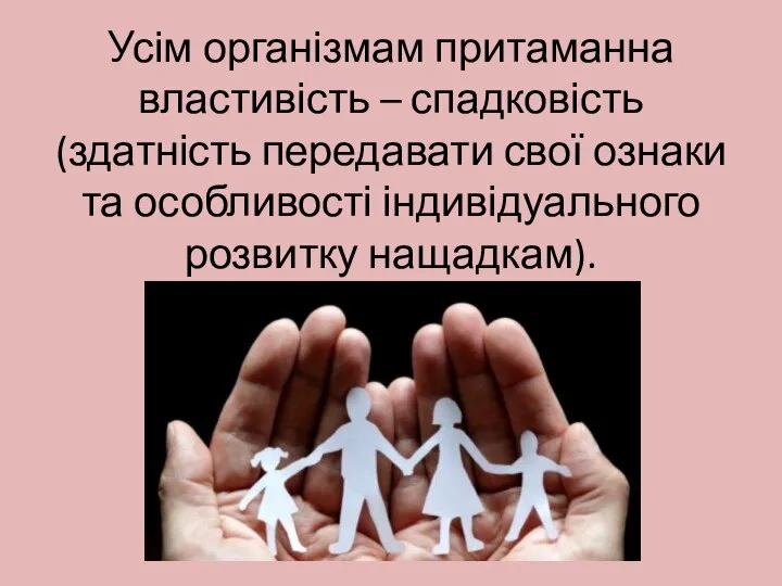 Усім організмам притаманна властивість – спадковість (здатність передавати свої ознаки та особливості індивідуального розвитку нащадкам).