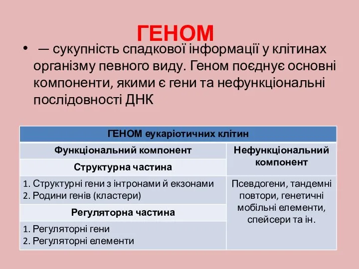 ГЕНОМ — сукупність спадкової інформації у клітинах організму певного виду. Геном