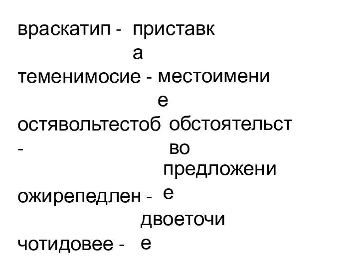 враскатип - теменимосие - остявольтестоб - ожирепедлен - чотидовее - приставка местоимение обстоятельство предложение двоеточие