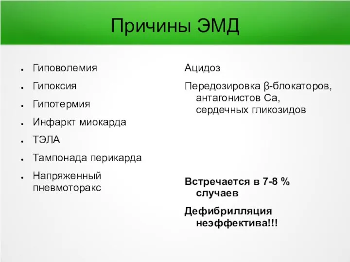 Причины ЭМД Гиповолемия Гипоксия Гипотермия Инфаркт миокарда ТЭЛА Тампонада перикарда Напряженный