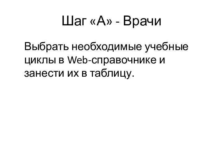 Шаг «А» - Врачи Выбрать необходимые учебные циклы в Web-справочнике и занести их в таблицу.