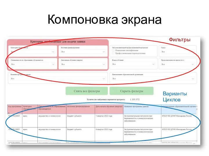 Компоновка экрана Фильтры Варианты Циклов